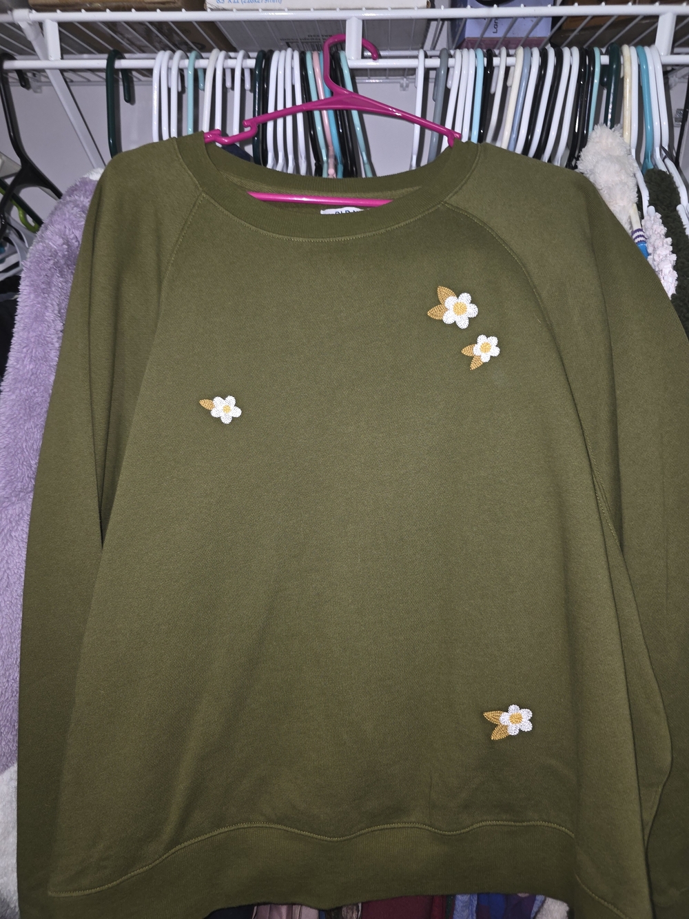 Old Navy Olive Green Crewneck Sweatshirt with Floral Appliqués